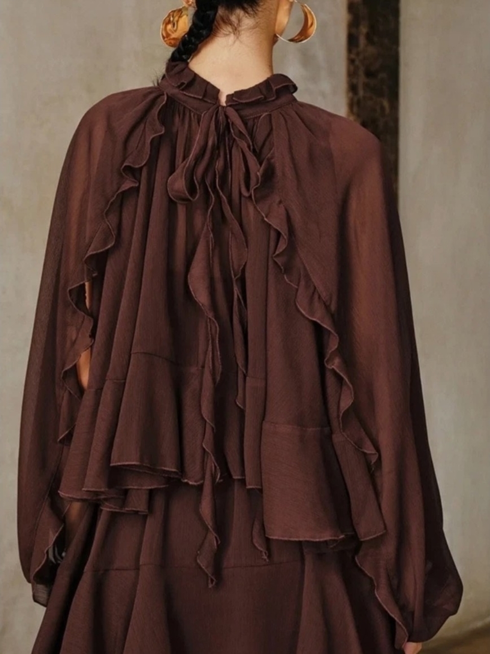 Commense Ruffled Tie-Back Long Sleeve Dress - Brown